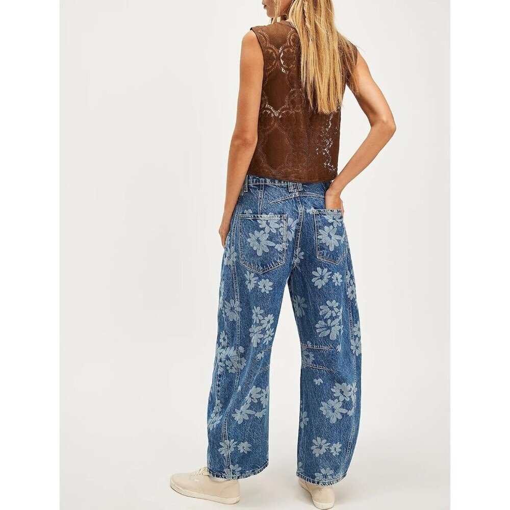 Women's Baggy Wide Leg Denim Jeans Floral Print Mid Rise Ankle Pants - Picture 6 of 6